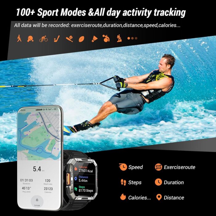 IOWODO Military Smart Watch for Men (Answer/Make Calls), 2.01'' Smart Watch for Android and iPhone, Fitness Tracker with Flashlight/Compass/100 Days Battery/Heart Rate/Sleep/100+ Sport Modes(2 Straps) - Image 6