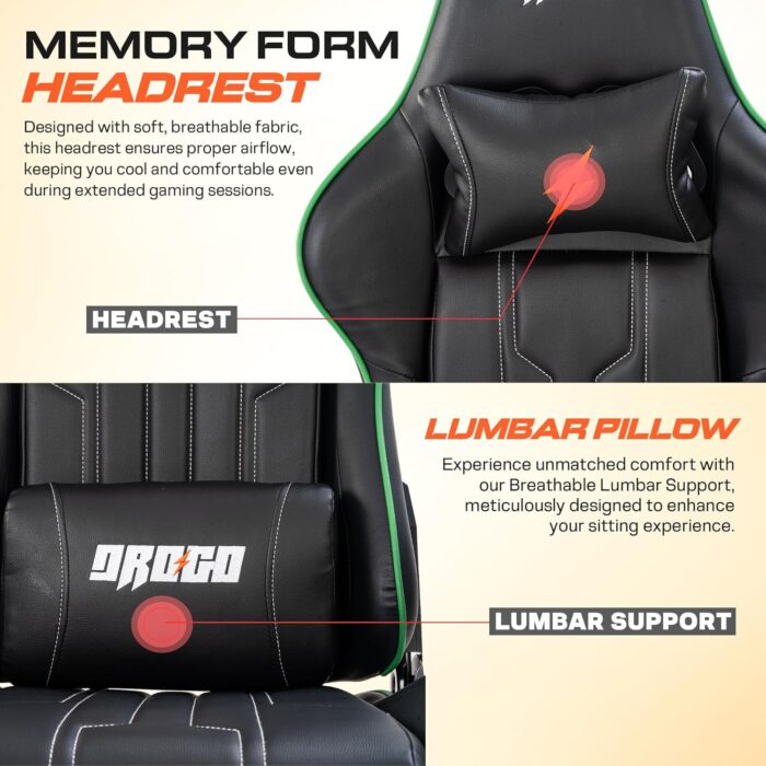 DROGO Wrath Pro Ergonomic Gaming Chair, Video Game Chair with 3D Armrest, Footrest & Adjustable Computer Chair/Home & Office Chair with PU Leather, Head & Lumbar Pillow with Recline (Black/Green) - Image 7