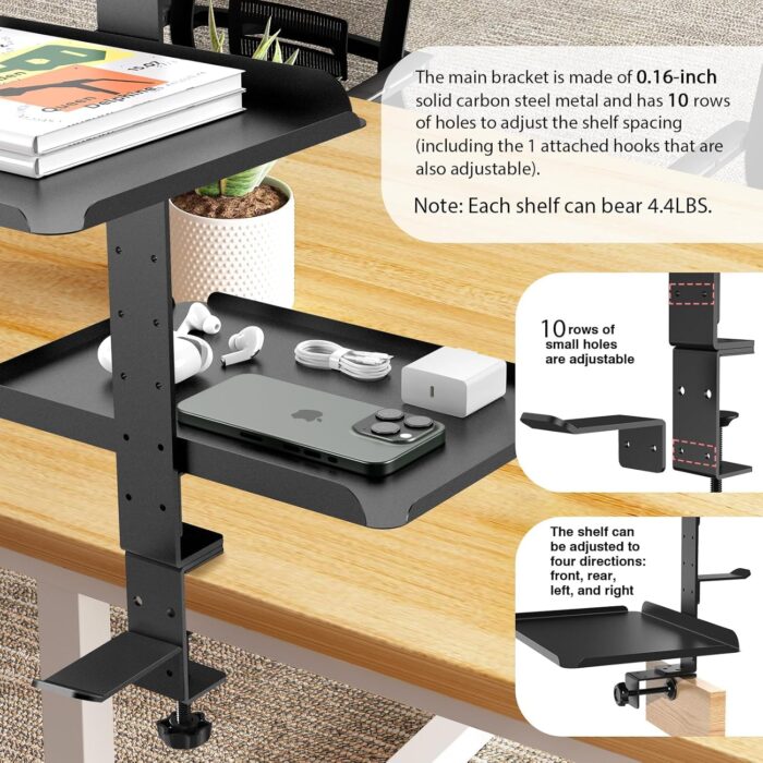 TERRIFI Desktop or Under Desk 3-Tier Shelving Unit, Clamp-On Shelf Organizer with Adjustable Metal Storage Tray and Headphone Stand, No Drilling Anti-Slip Desk Storage Shelf - Image 5
