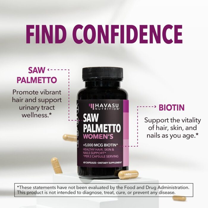 HAVASU NUTRITION Saw Palmetto + Biotin Supplement | DHT Blocker Hair Health Vitamins Capsule| Women with PCOS or Post-Partum Hair Loss | 60 Vegan Biotin Vitamins to Help Support Hair Health - Image 4