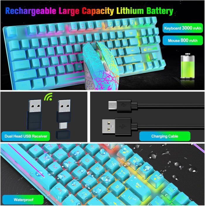 Wireless Gaming Keyboard and Mouse Combo with 87 Key Rainbow LED Backlight Rechargeable 3800mAh Battery Mechanical Feel Anti-ghosting Ergonomic Waterproof RGB Mute Mice for Computer PC Gamer (Blue) - Image 8
