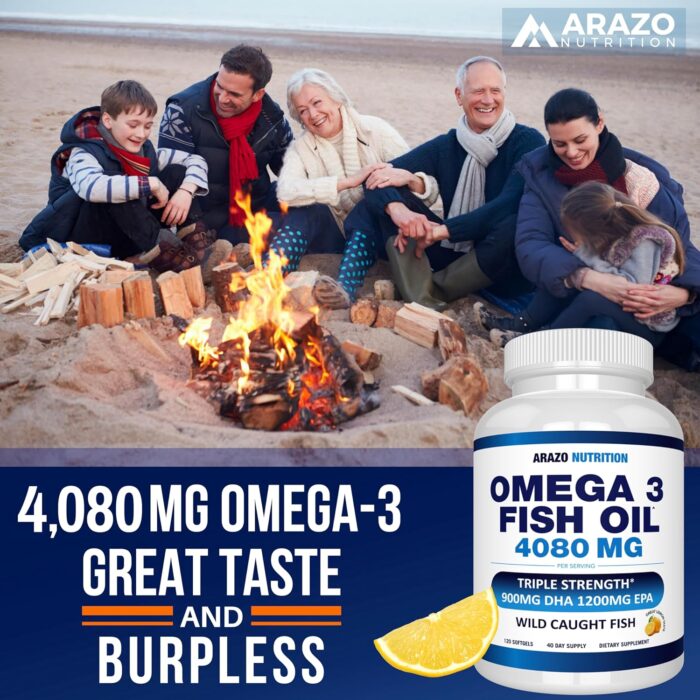 Arazo Nutrition Omega 3 Fish Oil 4,080mg - High EPA 1200mg + DHA 900mg Triple Strength Burpless Capsules (120 Count) - Image 8