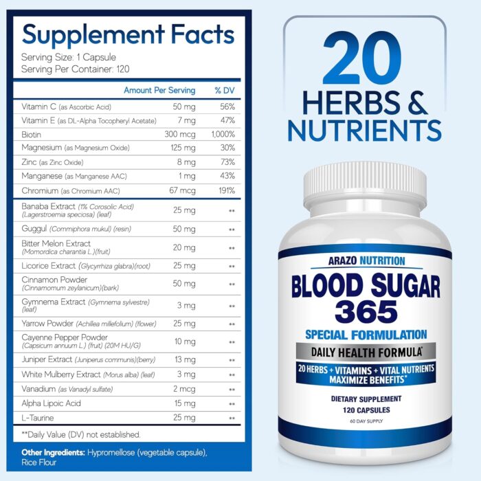 Arazo Nutrition Blood Sugar Support Supplement - 120 Pills - Image 2