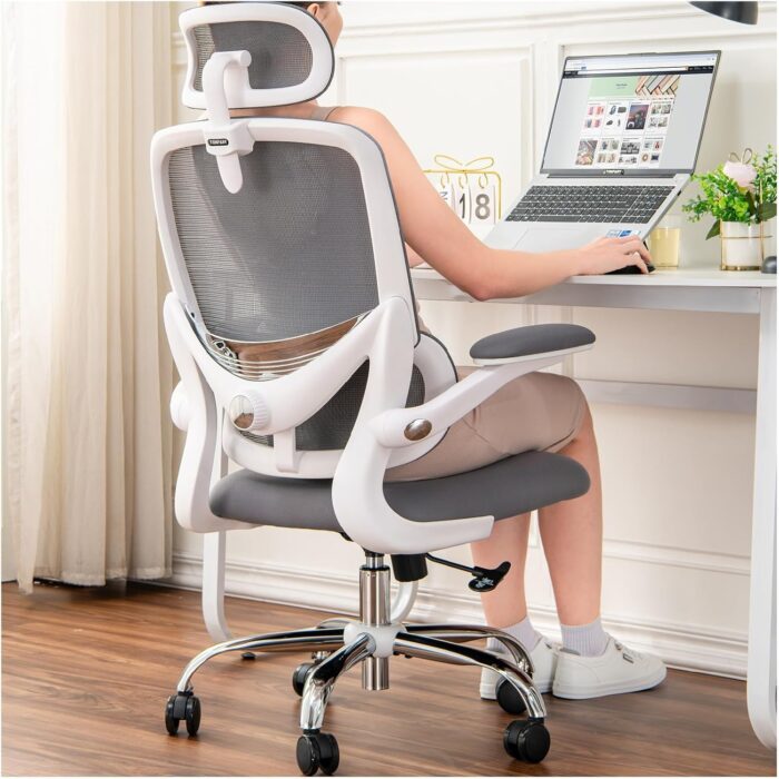 TONFARY Ergonomic Home Office Chair, High Back Mesh Desk Chair with Adjustable Lumbar Support, Flip-up Armrest, Removable Headrest, Swivel Computer Gaming Chair, Space Saving, 330LBS (White+Grey)