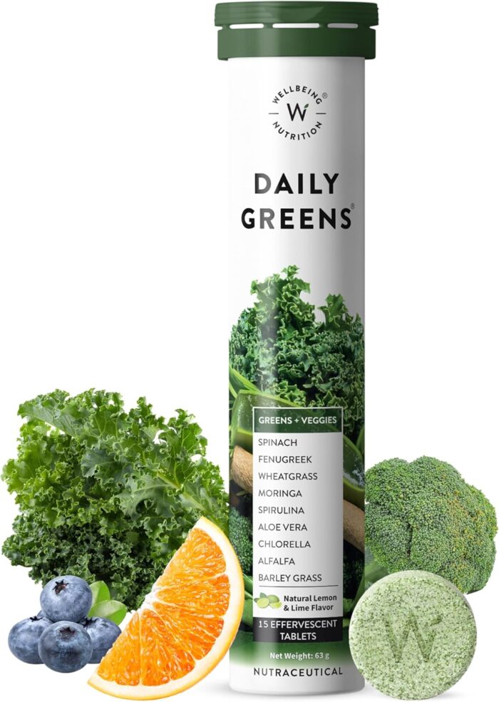 Wellbeing Nutrition Daily Greens, Wholefood Multivitamin with Vitamin C, Zinc, B6, B12, Iron for Immunity and Detox with 39+ Organic Certified Plant Superfoods & Antioxidants(15 Effervescent Tablets)