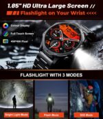 HIRREO Military Smart Watch for Men, 1.85'' HD Large Screen Smartwatch, Flashlight/IP68 Waterproof/800mAh/Pedometer/100+ Sports Fitness Tracker, Mens Smart Watches for Android iPhone Compatible - Image 3