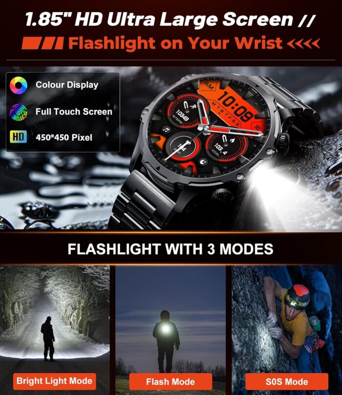 HIRREO Military Smart Watch for Men, 1.85'' HD Large Screen Smartwatch, Flashlight/IP68 Waterproof/800mAh/Pedometer/100+ Sports Fitness Tracker, Mens Smart Watches for Android iPhone Compatible - Image 3