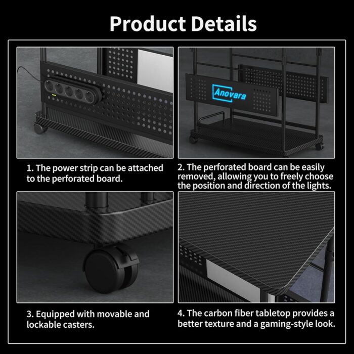 Anovara Computer Cart Height Adjustable Computer Tower PC Stand Table with RGB Lighting CPU Holder Table with Carbon Fiber Desktop and Lockable Rolling Wheels - Image 6