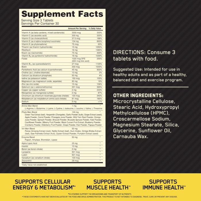 Optimum Nutrition (ON) Opti-Men, Vitamin C, Zinc and Vitamin D, E, B12 for Immune Support Mens Daily Multivitamin Supplement - 90 Count - Image 2