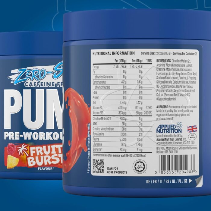 Applied Nutrition Pump Zero Pre Workout - Zero Stim, Caffeine Free, Energy & Performance (375g - 25 Servings) (Fruit Burst) - Image 9