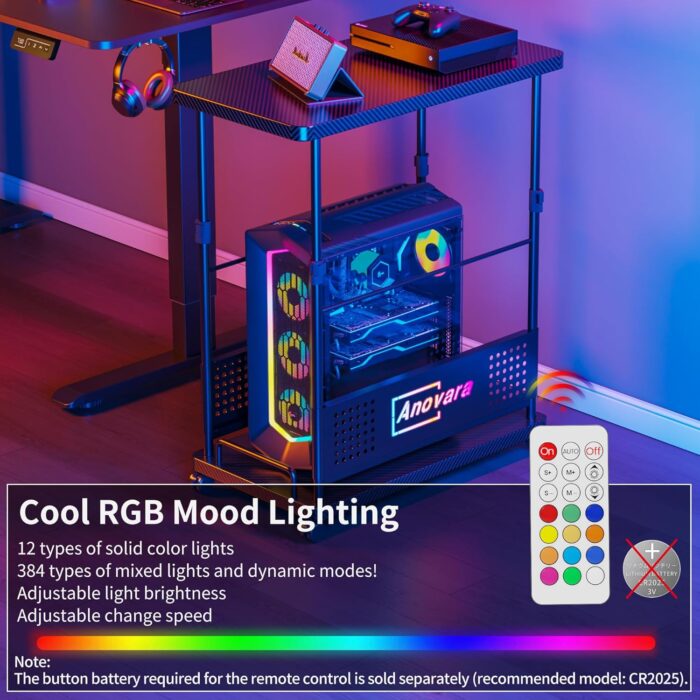 Anovara Computer Cart Height Adjustable Computer Tower PC Stand Table with RGB Lighting CPU Holder Table with Carbon Fiber Desktop and Lockable Rolling Wheels - Image 4