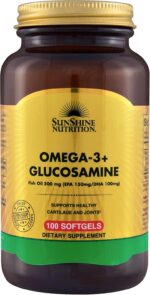 Sunshine Nutrition Omega 3+ Glucosamine, 100 Softgels | With Fish Oil 500Mg | Epa 150 Mg/DHA 100Mg | Gluten Free