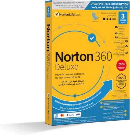 Norton 360 Deluxe 2021, 3 Devices, Internet Security, Antivirus and VPN, Hacking / Data Theft Protection, Password Manager, 25 GB Cloud Backup, PC / Mac® / Phones / Tablets, English-Arabic
