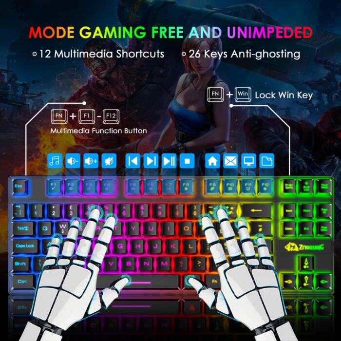 FELICON Gaming Keyboard and Mouse Combo,88 Keys Compact Rainbow Backlit Mechanical Feel Keyboard,RGB Backlit 6400 DPI Lightweight Gaming Mouse with Honeycomb Shell for Windows PC Gamers (Black) - Image 3