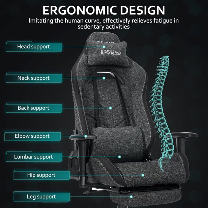Efomao Ergonomic Gaming Chair with Footrest, Dark Grey Technical Fabric Computer Chair, Adjustable Height Office Seat with Headrest, Lumbar Support, 360° Swivel Video Gaming - Image 6