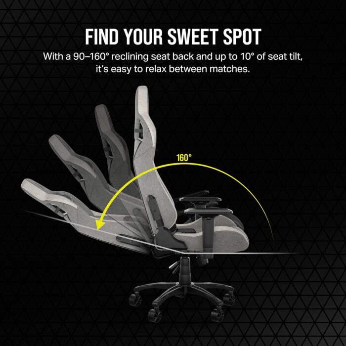 Corsair T3 RUSH Fabric gaming chair, racing style, soft fabric upholstery, padded neck pillow and lumbar support, seat height adjustable, grey and white - Image 7