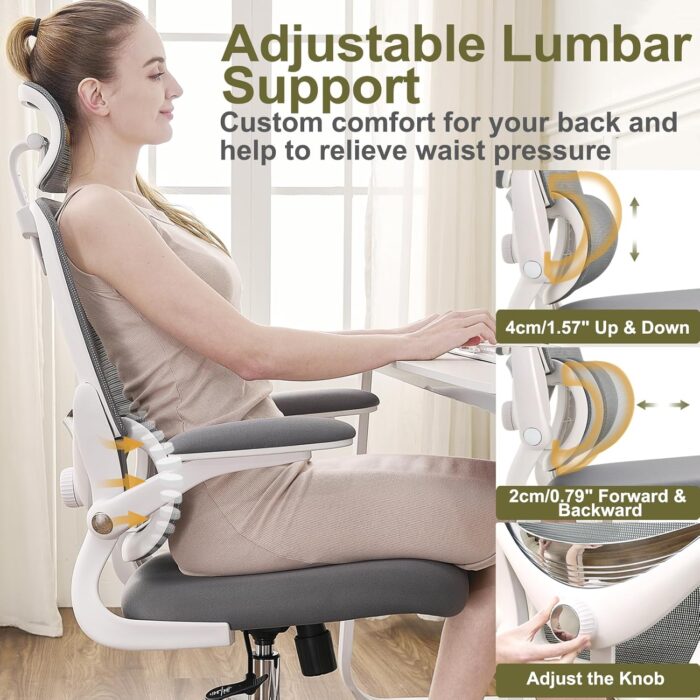 TONFARY Ergonomic Home Office Chair, High Back Mesh Desk Chair with Adjustable Lumbar Support, Flip-up Armrest, Removable Headrest, Swivel Computer Gaming Chair, Space Saving, 330LBS (White+Grey) - Image 3