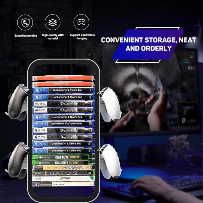 BGGCHEECA OYO-1【15.8INCH】 game Storage Tower Compatible with PS5/ Xbox Series S & X/ Switch, Universal Video Games Discs Organizers 18 PCS with 4 Controllers Holder, Game Disk Box Stand.(White/Black) - Image 3