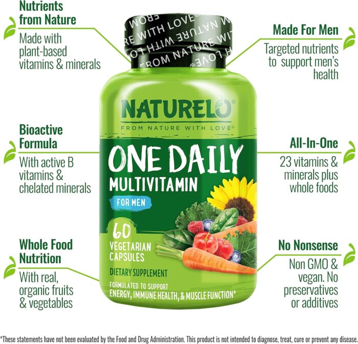 NATURELO One Daily Multivitamin for Men - with Vitamins & Minerals + Organic Whole Foods - Supplement to Boost Energy, General Health - Non-GMO - 60 Capsules - 2 Month Supply - Image 2