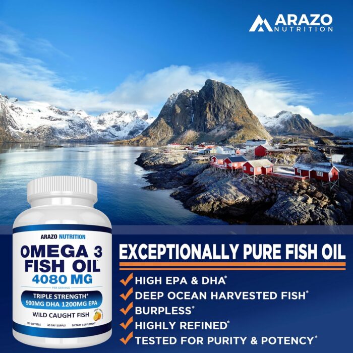 Arazo Nutrition Omega 3 Fish Oil 4,080mg - High EPA 1200mg + DHA 900mg Triple Strength Burpless Capsules (120 Count) - Image 6