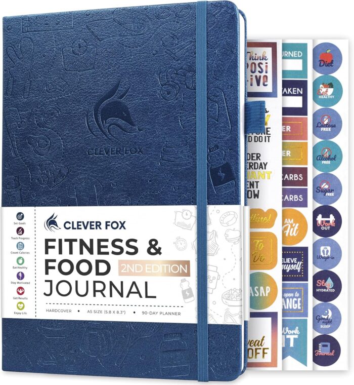 Clever Fox Fitness & Food Journal – Nutrition & Workout Planner for Women & Men – Diet & Gym Exercise Log Book with Calendars, Diet & Training Trackers – Undated, A5 Size, Hardcover (Mystic Blue)