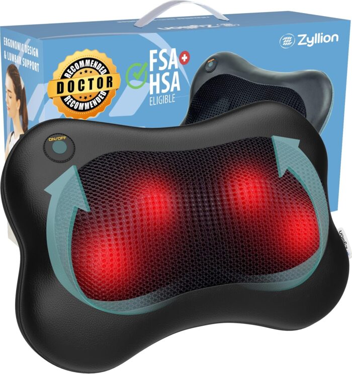 Zyllion Shiatsu Back and Neck Massager – 3D Kneading Deep Tissue Massage Pillow with Heat for Muscle Pain Relief, Chairs and Cars – Black (ZMA-13-BK)