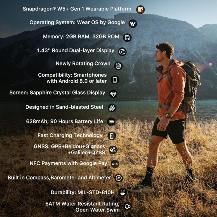 TicWatch Atlas Smartwatch for Men Android Wear OS Smart Watch Outdoor 90 Hrs Battery 110+ Workout Modes Heat Map Fall Detection Health Fitness Tracker 5ATM GPS Compass Android Compatible Only - Image 2