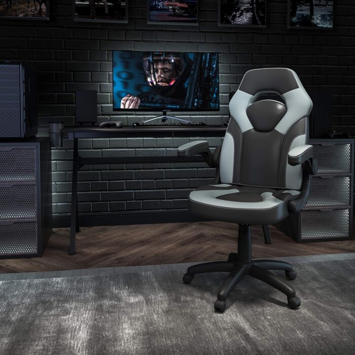 Flash Furniture X10 High-Back LeatherSoft Racing Style Gaming Chair with Flip-Up Arms, Ergonomic Padded Swivel Computer Chair, Gray/Black - Image 2