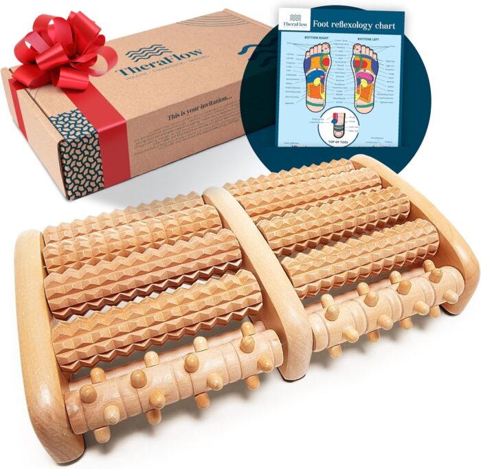 TheraFlow Double Foot Massager Size L – Original Shiatsu Acupressure – Plantar Fasciitis Relief – Plantar Reflexology Diagram/Instructions for Use – Wood