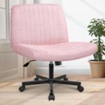 Orange Factory Criss Cross Legged Armless Desk Reading Chair with Wheels Swivel Modern Ergonomic Vanity Bedroom Adjustable Wide Comfy Computer Gaming Chairs for Home Office (Pink)