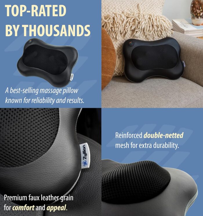 Zyllion Shiatsu Back and Neck Massager - 3D Kneading Deep Tissue Massage Pillow with Heat for Muscle Pain Relief, Chairs and Cars - Black (ZMA-13-BK) - Image 8