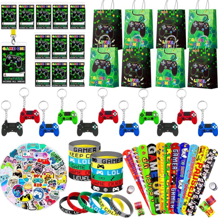 Video Game Party Favors for 12 Guests, 110pcs Games Party Gift Set Including Video Game Wristband Slap Bracelets Keychain Vip Pass Ticket Games Goodie Bags etc Gaming Party Favors