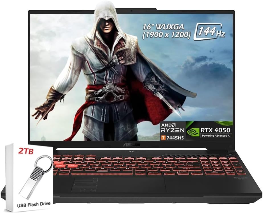 ASUS TUF Gaming A16 Laptop, AMD Ryzen 7 7445HS, 16 Full HD+ 144Hz Display, NVIDIA GeForce RTX 4050, 32GB DDR5 RAM, 1TB SSD, Backlit Keyboard, Wi-Fi6, Windows 11, Mecha Gray, w/2TB USB Drive, W/GaLiMu