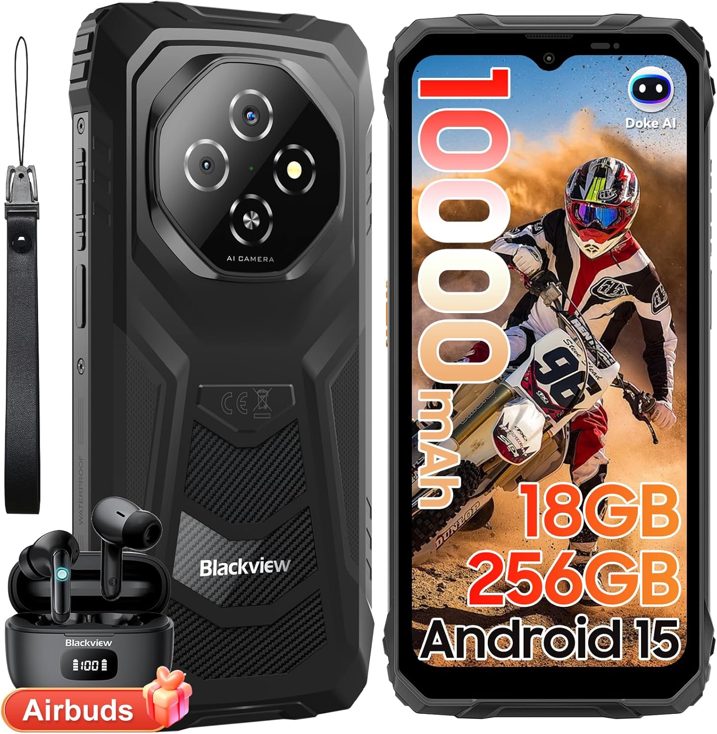 Blackview Fort 1 Rugged Phone Android 15, 18GB+256GB 2TB Expand 10000mAh Battery Rugged Smartphone Unlocked, Gemini AI 6.56 Inch 90Hz, 4G T-Mobile Dual SIM IP69K Waterproof, Fingerprint/NFC/OTG/GPS