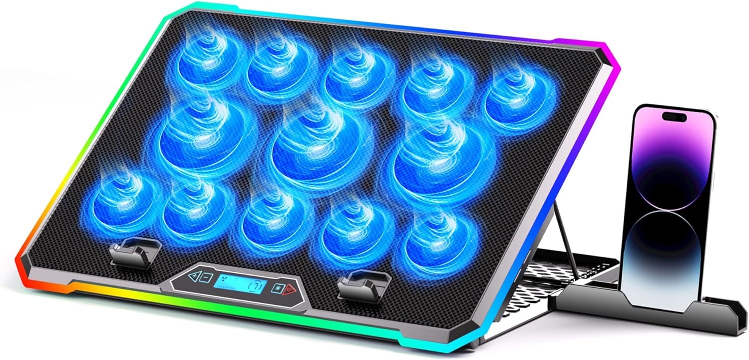 Gaming Laptop Cooler with 13 Ultra Quiet Fans, LCD Screen and Multi Color RGB – 10 Lighting Modes, 9 Adjustable Heights, Dual USB Ports, Built in Phone Holder for 15 to 21 Inch Laptops on Desk or Lap
