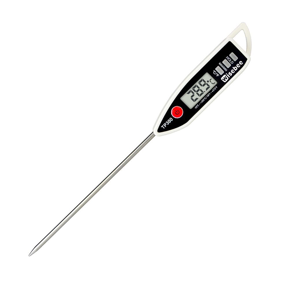 Wisebee Digital Meat Thermometer, Instant Read, ℃/℉ Switch, Long Stainless Steel Probe, Battery Powered, Food Thermometer for Cooking, Baking, Steak, Grilling and Frying (White)