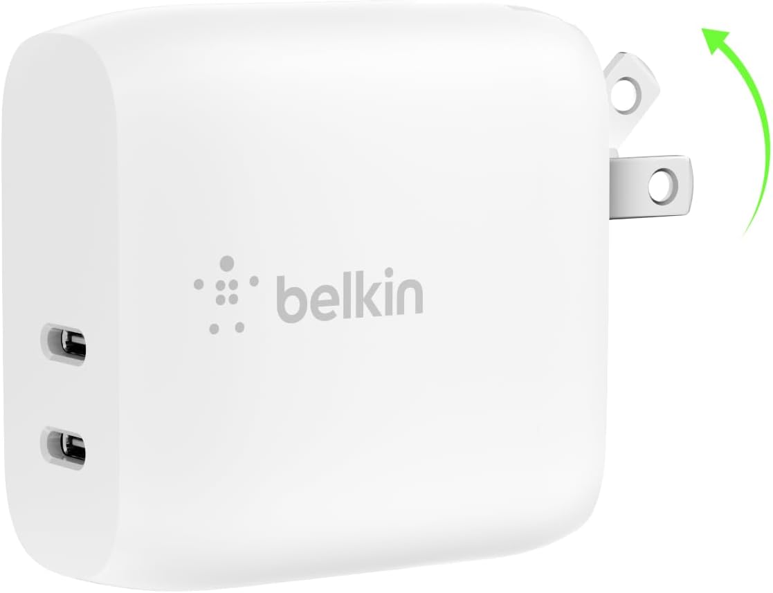 Belkin 40W Dual Port USB C Wall Charger Block – USB C Fast Charging for Apple iPhone, iPad, Samsung Galaxy Phone, & More – Programmable Power Supply Tech – Folding Prongs – White