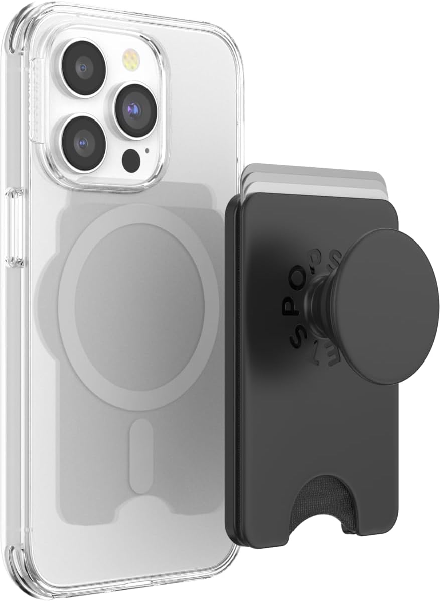 PopSockets Phone Wallet with Expanding Grip and Adapter Ring for MagSafe, Magnetic Phone Card Holder, Wireless Charging Compatible, Wallet Compatible with MagSafe/Samsung – Black