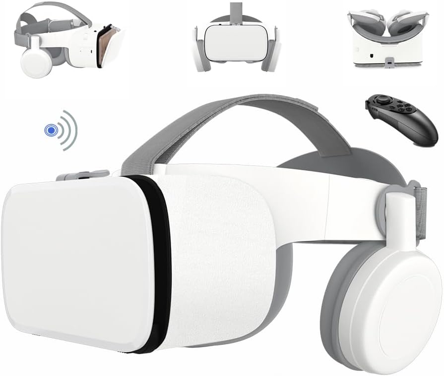 VR Headset Compatible with 4.7-6.3 inch iPhone and Android, 3D Virtual Reality Glasses with Wireless Headphones, VR Goggles for IMAX Movies & VR Games, Soft & Comfortable. (White+Black RC)