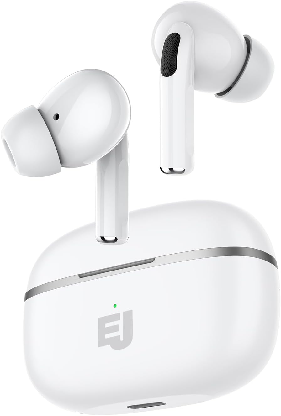 Electric J Wireless Bluetooth Earbuds with Charging Case, Active Noise Cancelling (ANC), USB-C Fast Charging, Works with iPhone & Android (White)
