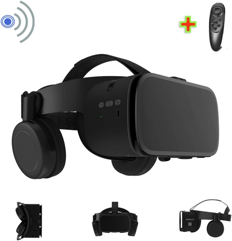 VR Headset for iPhone & Android Phones with Wireless Headphones, Virtual Reality Goggles Set for 4.5″-6.5″ Phones，3D VR Glasses for IMAX Movies &VR Games