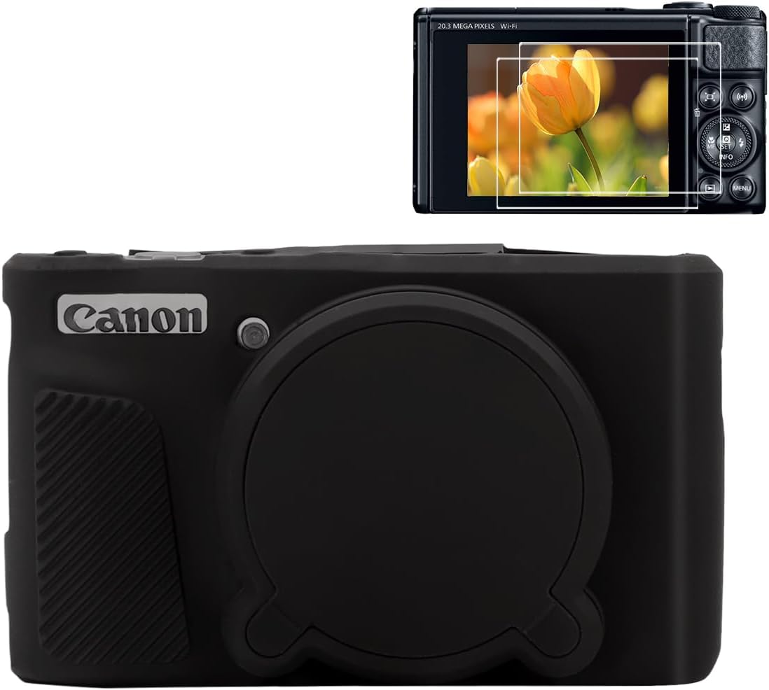 Pocoukate Case for Canon PowerShot SX740 HS Camera, Soft Silicone Protective Cover Skin with Removable Lens Cover for SX740/SX730 HS Accessories Rubber with Tempered Glass Screen Protector – Black