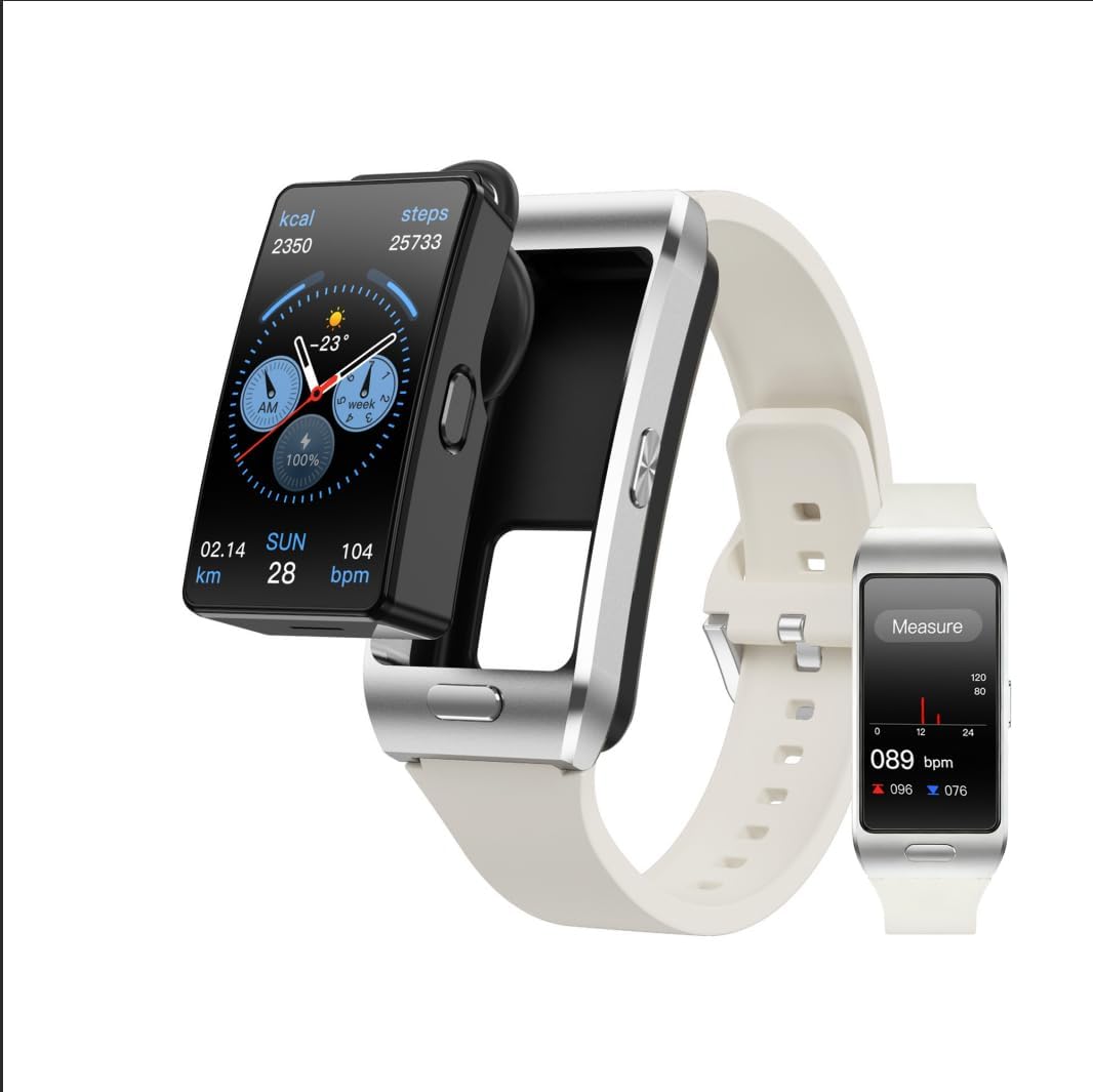 2-in-1 Smart Health Band with Built-in Bluetooth Earbuds, Fitness & Activity Tracker with Heart Rate & Sleep Monitor, Bluetooth Call Support, 1.57″ HD Touchscreen for Daily Wellness(White)