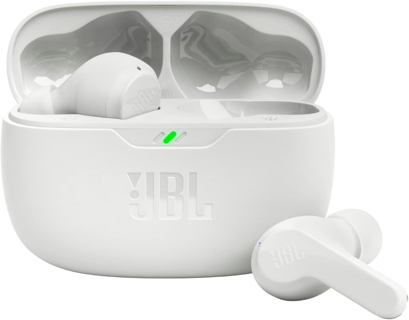 JBL Vibe Beam – True Wireless JBL Deep Bass Sound Earbuds, Bluetooth 5.2, Water & Dust Resistant, Hands-free call with VoiceAware, Up to 32 hours of battery life (White)