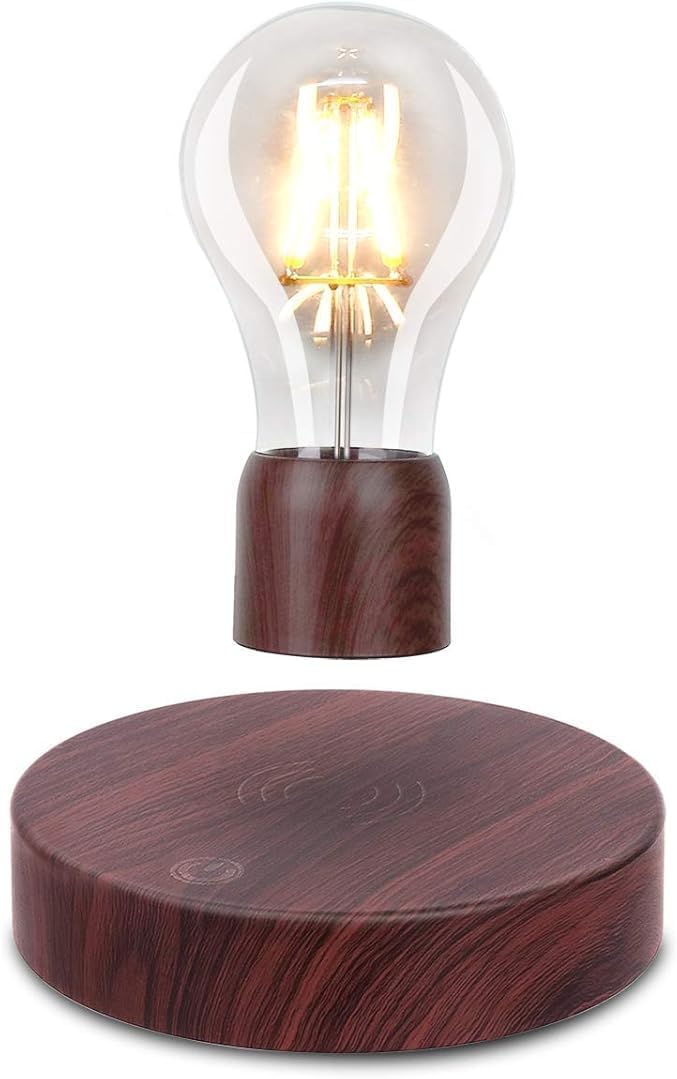 VGAzer Magnetic Levitating Floating Wireless LED Light Bulb Desk Lamp for Unique Gifts, Room Decor, Night Light, Home Office Decor Desk Tech Toys (Round Wooden Base..)