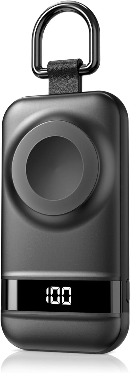 Portable Charger for Apple Watch, 2500mAh & Digital Display – Magnetic Fast Charging iWatch Charger for Travel & Keychain Use – Works with Apple Watch Series (Black)