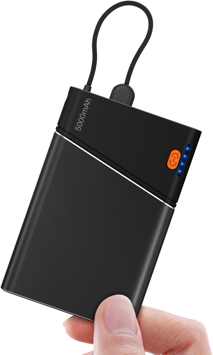 Mini Portable Power Bank, Smallest 5000mAh Portable Charger with Built-in USB C in&Out Fast Charging Cable, Compact Super Slim Mini Battery Pack for iPhone 17/16/15/14 Samsung S24 Android