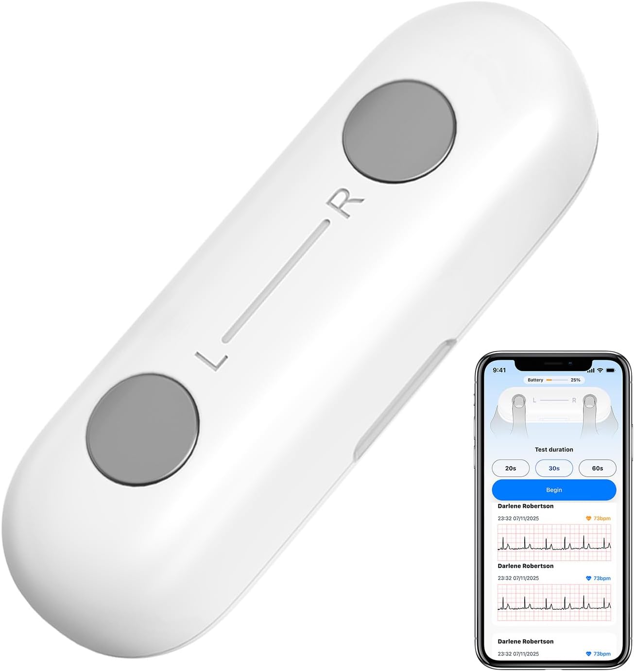 Portable ECG Monitor | Record and Store One-Lead ECG Signals | Monitor and Display Heart Rate for Home Health Care Use -White