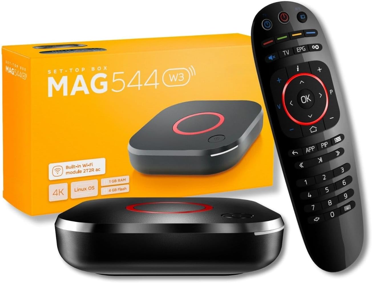 Raxxio MAG544w3 TV Set-Top Box – 4K HDR TV Streaming Device with Amlogic S905Y4 Chipset, 1GB DDR4 RAM, 4GB Flash Memory, Dolby Digital Plus, Linux 4.9, Dual-Band WiFi, USB 2.0, HDMI Cable and Remote