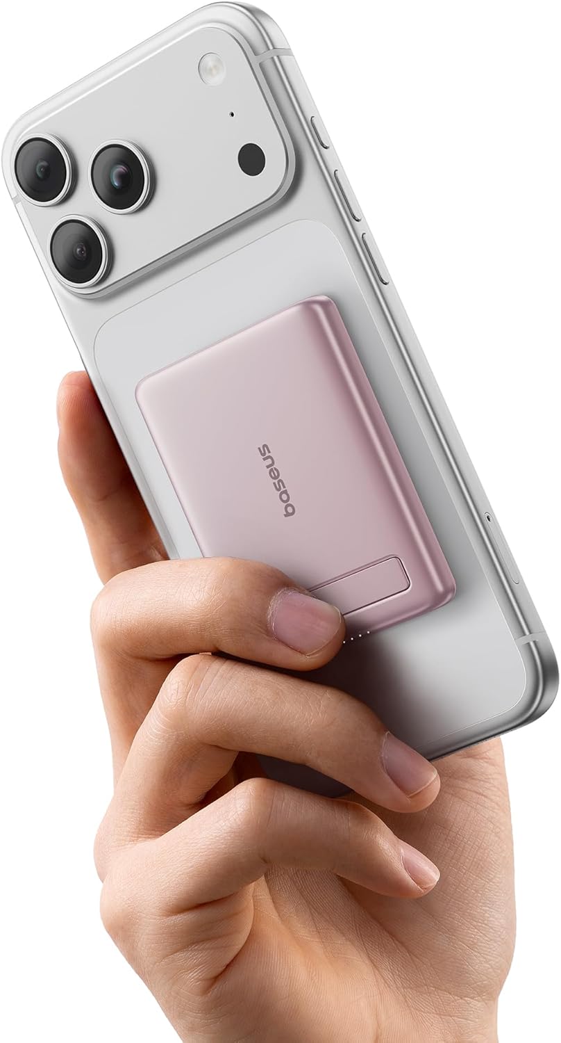 Baseus Picogo Power Bank, Smallest 5000mAh Magnetic Portable Charger with Stand, Qi2 Certified 15W Ultra-Mini MagSafe Battery Pack, Alloy Wireless Travel Fast Charger for iPhone 17/16 Series(Pink)